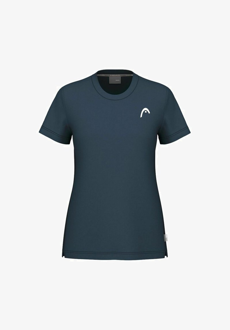 Camiseta de manga corta en azul marino hecha de material suave, con un cuello redondo y un pequeño logo blanco en el pecho.