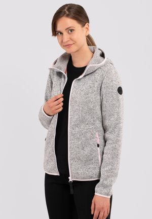Grau-fleece Jacke mit Kapuze, pinken Reißverschlussakzenten und einem runden Logo auf dem linken Arm. Verfügt über einen strukturierten Strick und Fronttaschen.