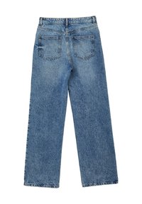 Jeans in denim blu con un design a gamba dritta, cinque tasche e una vita standard. Presentano una finitura sbiadita e cuciture a contrasto.