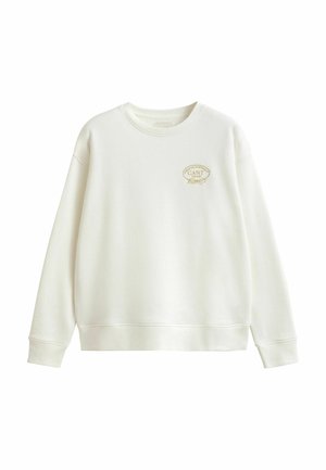 Weißes Sweatshirt mit Rundhalsausschnitt und langen Ärmeln, das ein kleines golden besticktes "GANT 1949"-Logo auf der linken Brust zeigt.