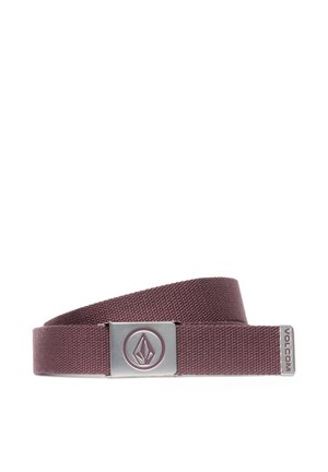 Ceinture en tissu tissé violet avec une boucle en métal argenté ornée d'un logo géométrique et "VOLCOM" gravé sur la pointe.
