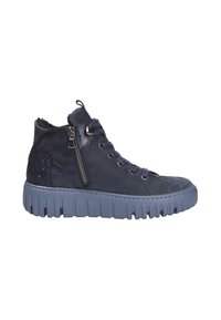 Baskets montantes navy avec une finition texturée, fermeture éclair et semelle bleue épaisse. Comprend des matériaux en cuir et en daim avec des accents décoratifs.