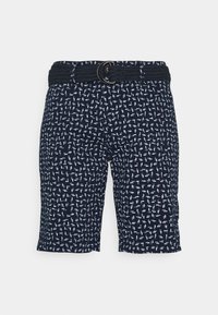 Marinblå shorts med ett texturerat vävt bälte och ett upprepande vitt mönster av abstrakta former. Midjehöjd med en avslappnad passform.