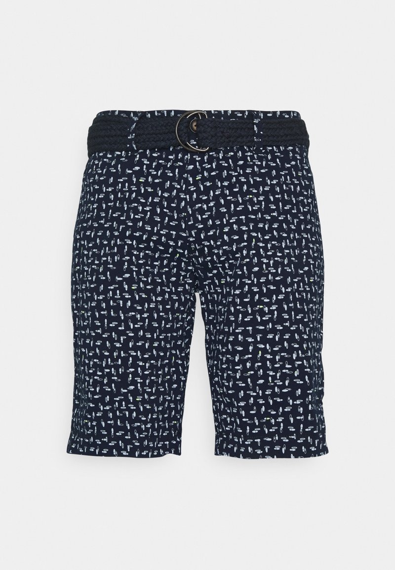 Navy blue shorts featuring a textured woven belt and a repeating white pattern of abstract shapes. Mid-thigh length with a relaxed fit.