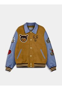 Bruine en blauwe varsityjack met een suède lichaam, leren mouwen, geborduurde patches, geribde manchetten en onderrand, en drukknoopsluiting.
