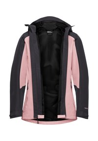 Wasserdichte Jacke mit einem Farbdesign in Pink und Dunkelgrau, ausgestattet mit einem Netzfutter, verstellbarer Kapuze und Reißverschlusstaschen.