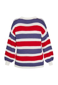 Strickpullover mit breiten horizontalen Streifen in Rot, Weiß und Marineblau. Mit einem runden Ausschnitt und lockeren Ballonärmeln. Strukturierter Stoff.
