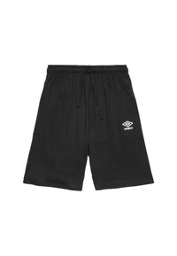 Pantaloni corti neri realizzati in misto cotone, con vita elasticizzata e cordoncino, e un logo Umbro bianco sul lato sinistro anteriore.
