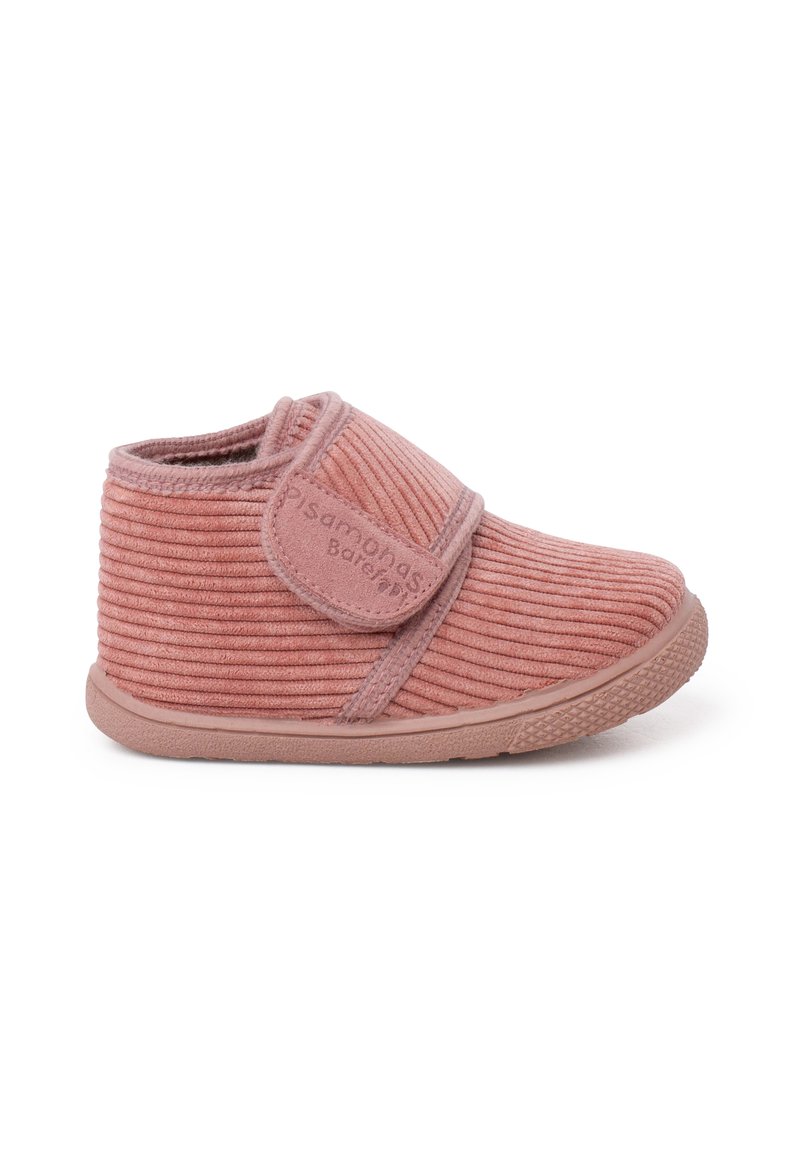 Stivale in velluto a coste rosa con cinturino in Velcro, tomaia testurizzata, suola in gomma e dettagli cuciti. Design semplice per una facile calzata.