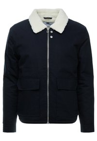 Marinblå jacka med faux shearling-krage, dragkedjestängning, två framfickor och en slät tygstruktur.