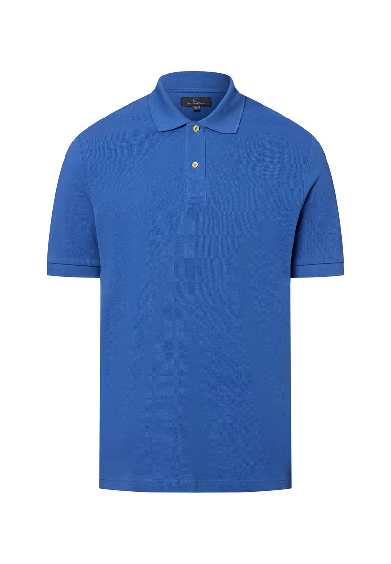 Niebieska koszulka polo wykonana z teksturowanej tkaniny, z kołnierzykiem, krótkimi rękawami i dwoma złotymi guzikami na zapięciu.