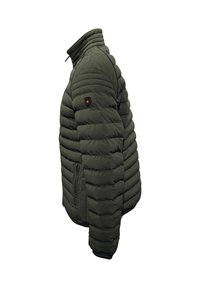 Olivgrüne Steppjacke mit hohem Kragen, gestepptem Design, seitlichen Taschen und einem Logopatch am linken Ärmel.