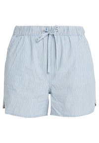 Shorts rayés bleu clair avec une taille élastique et un cordon de serrage. Dotés de poches latérales et d'une coupe décontractée. Tissu en coton doux.