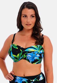 Bikini-top met beugel, met een zwarte basis en levendige blauwe en groene bloemenpatronen. Glad materiaal, verstelbare bandjes en een geplooid ontwerp.