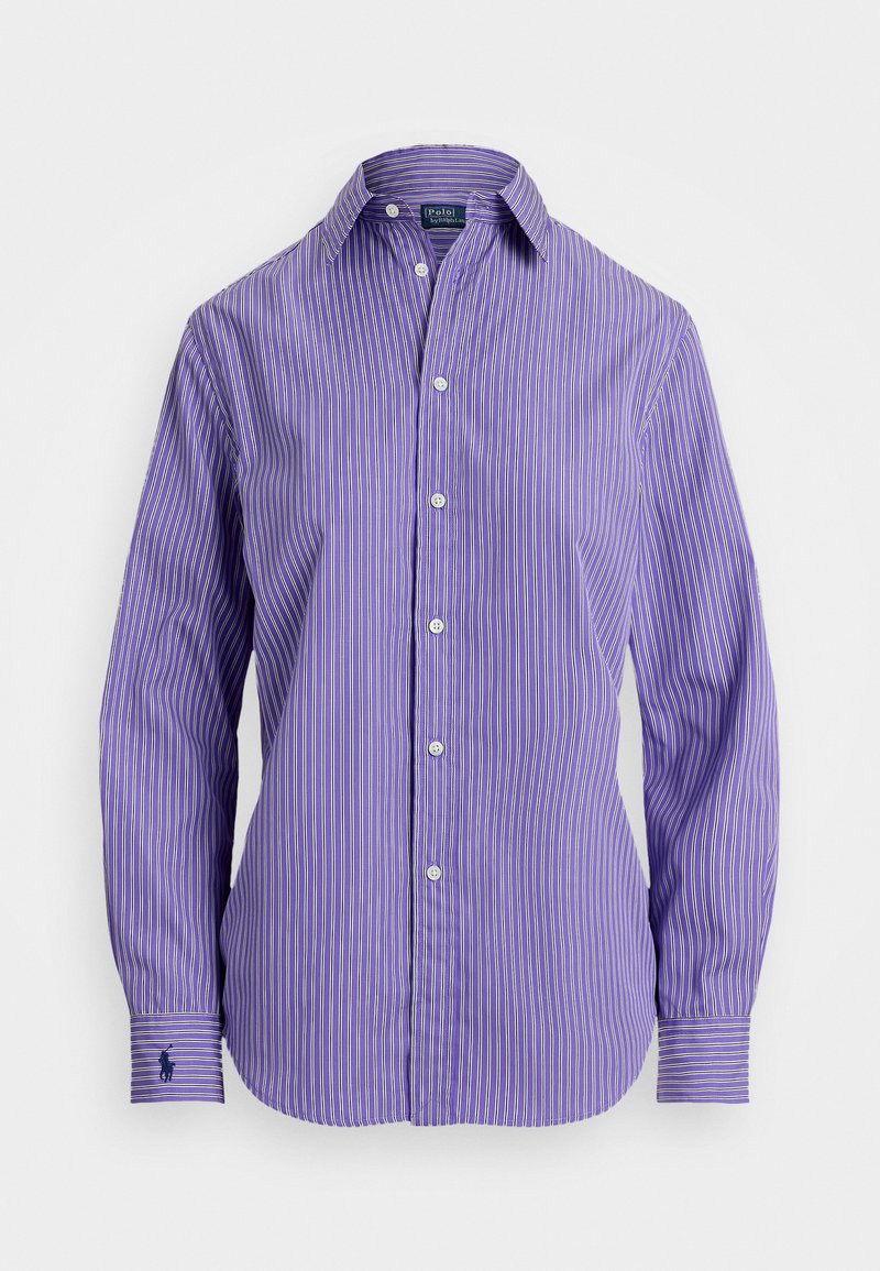 Paarse en witte gestreepte lange mouwen shirt met een button-down kraag, met een klein logo op de linkermouw en een soepele stoftextuur.