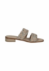 Sandali piatti beige con upper intrecciato e dettagli metallici. Soletta liscia, tacco minimo e design aperto sulla punta. Suola resistente.