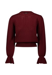 Burgunderfarbenes Stricksweatshirt mit puffartigen langen Ärmeln, ausgestellten gerippten Bündchen, Lochmuster, Rundhalsausschnitt und tailliertem geripptem Saum.