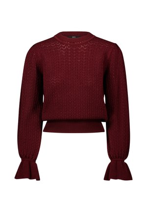 Pull en tricot bordeaux avec des manches longues bouffantes, des poignets évasés côtelés, un motif à œillets, un col rond et un ourlet ajusté côtelé.