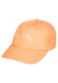 Orange cotton cap with a curved brim and white "ROXY 1990" embroidered text on the front. Features ventilation eyelets and adjustable back.
