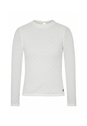 Weißes Langarmhemd aus strukturiertem Stoff mit floralem Muster, runder Ausschnitt und Knopfverschluss am Rücken.