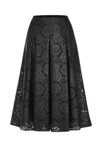 Zwarte kanten rok met een geplooid ontwerp, bloemmotief en middellange snit. De stof heeft een luxe, delicate uitstraling.