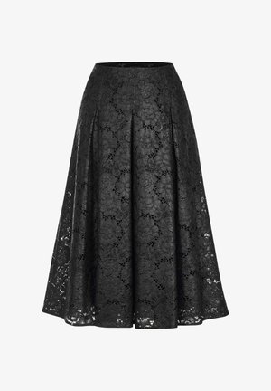 Schwarzer Spitzenrock mit einem plissierten Design, floralen Mustern und mittellanger Schnittform. Der Stoff hat ein strukturiertes, zartes Aussehen.