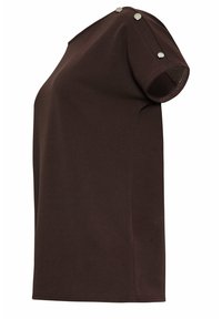 Top marrone a maniche corte con silhouette dritta, realizzato in un tessuto texturizzato e con bottoni metallici sulle spalle per un tocco di dettaglio in più.