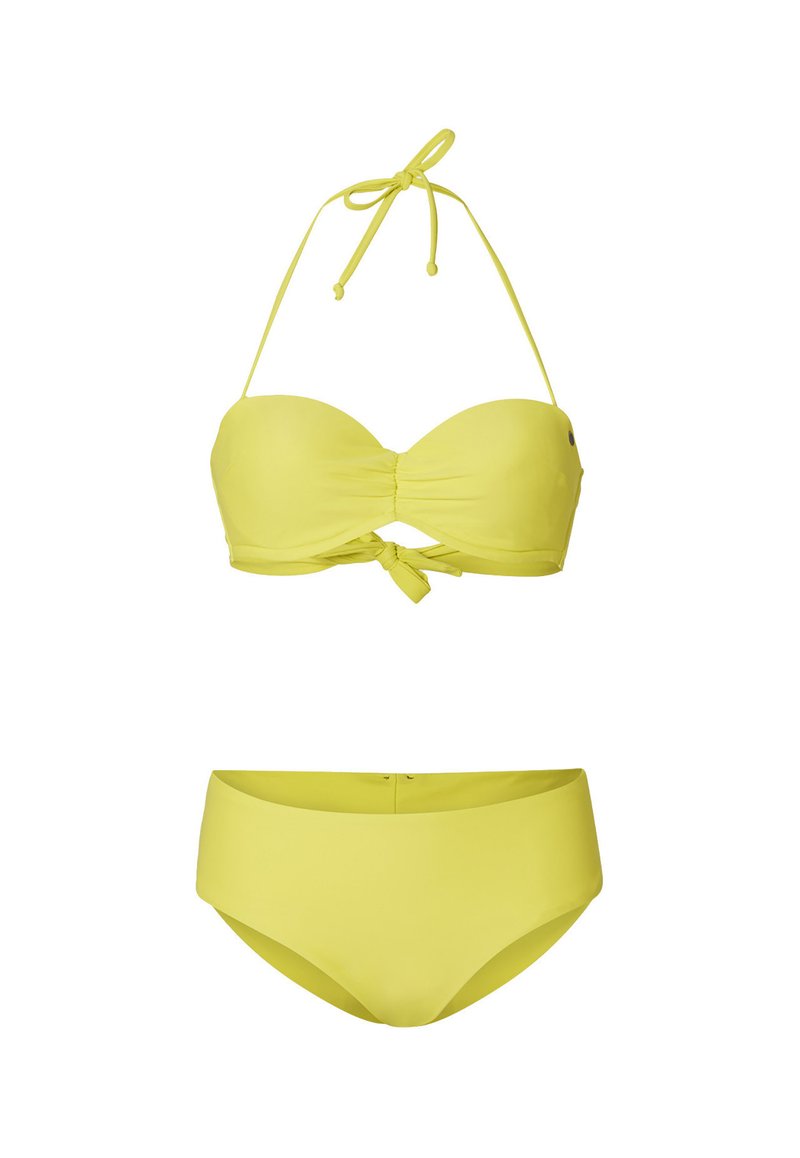 Ensemble de bikini jaune comprenant un haut sans bretelles avec un détail torsadé et noué, associé à un bas taille haute. Texture lisse dans l'ensemble.