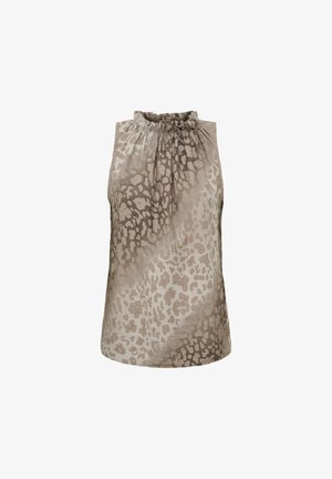Ærmeløs beige bluse med rynket høj hals og abstrakt dyreprintmønster i forskellige lysebrune nuancer.