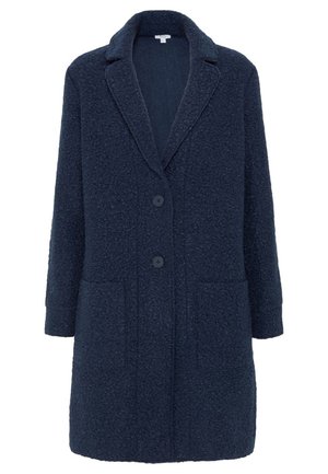Navyblå lang frakke i uldblanding med reverskrave, to forreste knapper og påsyede lommer, tekstureret stof.