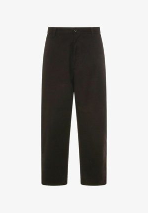 Pantaloni neri a gamba dritta con passanti per cintura, chiusura con bottone e patta anteriore, mostrati su sfondo bianco.