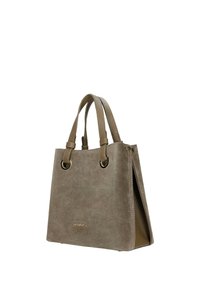 Taupe Wildleder-Handtasche mit zwei Ledergriffen, goldenen Metallringen und „wojas“-Logo vorne, strukturierte rechteckige Form.