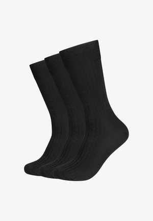 Schwarze Socken, gerippte Textur, Standardlänge, aus weichem Stoff gefertigt, im Dreierpack verkauft.