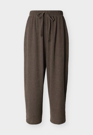 Pantalon marron texturé, coupe ample avec taille élastique et cordon de serrage ajustable, longueur intégrale et jambes droites.