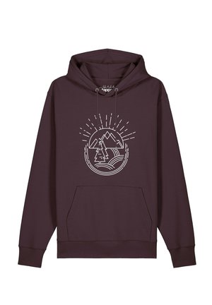 Sweat à capuche marron foncé avec poche avant et un dessin blanc en ligne représentant des montagnes, des arbres, des rayons de soleil et des collines ondulantes sur la poitrine.