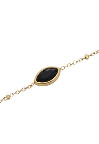 Bracciale in oro con un ovale gioiello nero incastonato in un castone. La catena è composta da piccoli anelli rotondi e un gancio liscio.