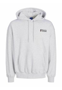 Haut de hoodie en coton gris avec une poche avant. Doté d'une capuche avec cordons de serrage et d'un petit logo imprimé sur la poitrine gauche. Manches et ourlet côtes.