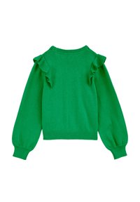 Pulover verde tricotat, cu accente volan pe umeri, mâneci lungi, umflate și un tiv cu ațe. Textură netedă și culoare vibrantă.