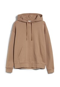 Sweat à capuche marron en tissu doux, avec une poche frontale, des cordons de serrage, et une coupe décontractée avec des poignets et un ourlet côtelés.