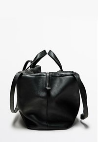 Black leather bag with a textured surface, featuring two top handles and a zip closure. The bottom is wide, creating a spacious interior.