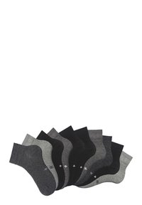 Neun Paar Kniestrümpfe in Schwarz-, Grau- und Anthrazit-Tönen. Mit einfachen Mustern an den Bündchen; aus einer Baumwollmischung.
