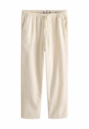 Pantaloni crem dintr-un material moale, cu talie elastică, șnur și buzunare laterale.