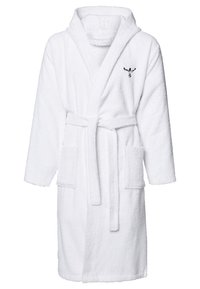 Weißer Frottee-Bademantel mit Schalkragen, Taillenschnürung und zwei vorderen Taschen; mit gesticktem Logo auf der Brust.