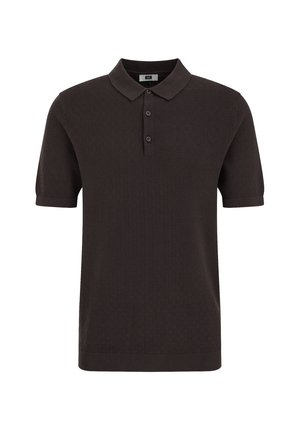 Donkerbruin poloshirt met een gestructureerd patroon, korte mouwen, drieknopenbies en een klassieke kraag, gemaakt van een zachte stof.