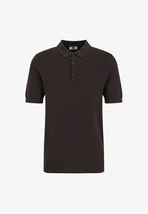 Donkerbruin poloshirt met een gestructureerd patroon, korte mouwen, drieknopenbies en een klassieke kraag, gemaakt van een zachte stof.