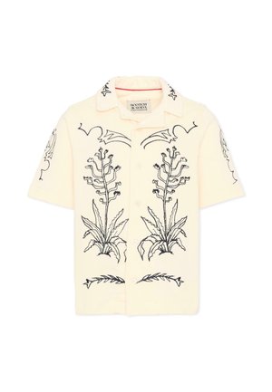 Camicia color crema a maniche corte con bottoni, con motivi botanici ricamati in nero su davanti, maniche e colletto, etichettata Scotch & Soda Amsterdam.