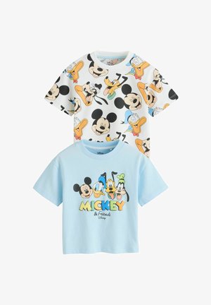 Dwa dziecięce T-shirty z postaciami Disneya: jeden biały z nadrukiem twarzy Myszki Miki, Donalda, Plutona i Goofy'ego; drugi jasnoniebieski z wizerunkami głównych postaci i napisem „Mickey & Friends”.