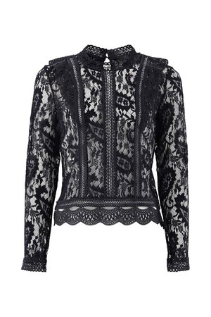 Schwarze Spitzenbluse mit langen Ärmeln, hohem Kragen, geschwungenem Saum und aufwendigen Blumenmustern. Mit Schlüssellochverschluss am Rücken und bestickten Details.