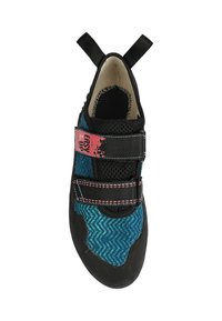 Climbing shoe with a black rubber sole, blue and black chevron-patterned upper, dual Velcro straps, and pull tabs for easy wear.