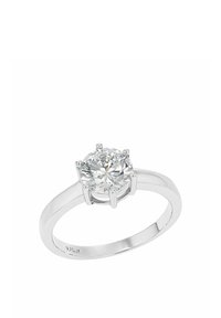 Silikonförlovningsring med en rund klar diamant som är inställd i sex klor, med en slät ring med högblank yta. Märkt 925.